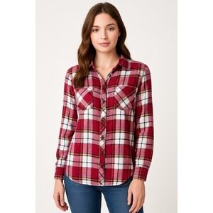 BTC Womens Blouse Plaid Flannel Button Front Shirt Long Sleeve Casual Size L